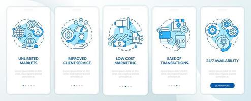 vantaggi per il business online onboarding della schermata della pagina dell'app mobile. guida ai mercati illimitati 5 passaggi istruzioni grafiche con concetti. modello vettoriale ui, ux, gui con illustrazioni a colori lineari