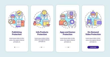 contenuto da proteggere dalla pirateria durante l'onboarding della schermata della pagina dell'app mobile. app e giochi procedura dettagliata 4 passaggi istruzioni grafiche con concetti. modello vettoriale ui, ux, gui con illustrazioni a colori lineari