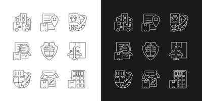 Icone lineari del servizio professionale di spedizione in tutto il mondo impostate per la modalità scura e chiara. consegna puntuale garantita. protezione del carico. simboli di linee sottili personalizzabili. illustrazioni di contorno vettoriale isolate