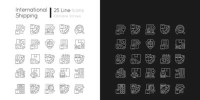icone lineari di affari di logistica internazionale impostate per la modalità scura e chiara. servizio di trasporto globale. simboli di linee sottili personalizzabili. illustrazioni di contorno vettoriale isolate. tratto modificabile