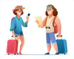 set di caratteri del viaggiatore di coppia felice. cartone animato viaggiatore maschio e femmina vettore