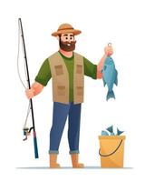 pescatore con personaggio dei cartoni animati di cattura di pesce vettore