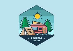 furgone da campeggio e tenda tra alberi di pino illustrazione vettore
