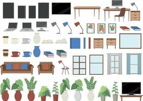 set di mobili diversi e laptop con vaso per piante in ufficio a casa