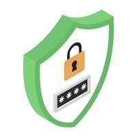 password e blocco all'interno dello scudo di sicurezza, icona isometrica della sicurezza informatica vettore