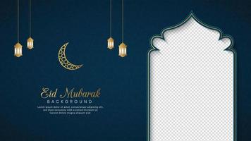 eid mubarak, sfondo di lusso blu arabo islamico con motivo geometrico e bellissimo ornamento con lanterne vettore