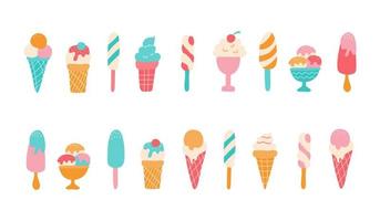 set di gelati diversi. illustrazioni vettoriali piatte e carine, colori estivi luminosi
