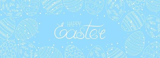 banner di auguri di buona pasqua con tipografia calligrafica e uova. carta di lettere di buona pasqua. elementi di pasqua disegnati a mano ghirlanda di uova sullo sfondo bianco. illustrazione vettoriale. vettore