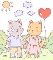 una coppia di gatti innamorati in una passeggiata a colori. illustrazione vettoriale dei cartoni animati per bambini.