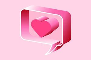 amore comunicazione 3d icona isolata su rosa. segno web a forma di cuore dei social media. come la notifica sui social media. illustrazione vettoriale