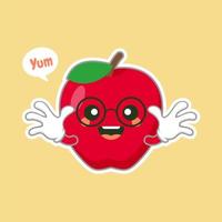simpatico personaggio di mela kawaii con faccia buffa. emoji felice della mela del fumetto sveglio. illustrazione vettoriale del carattere di cibo vegetariano sano