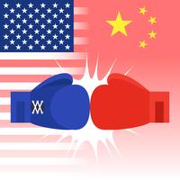 Guantoni da boxe blu e rossi con bandiera Stati Uniti e Cina vettore