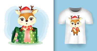 simpatici personaggi natalizi di cervi con cappello e sciarpa da Babbo Natale nella confezione regalo con design a t-shirt vettore