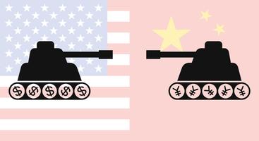 Una siluetta di due carri armati che si fronteggiano con fondo della bandiera della Cina e della bandiera degli Stati Uniti vettore