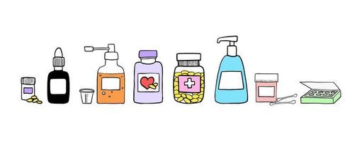 bottiglie mediche disegnate a mano per medicine liquide e pillole. stile doodle, elemento medico isolato su sfondo bianco vettore