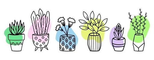 fiori in vasi e vasi doodle schizzo di contorno disegnato a mano con forme di colore. schizzo decorativo della pianta della casa in vaso. illustrazione vettoriale isolata
