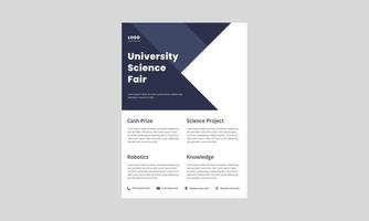 modello di progettazione di volantino per la fiera della scienza. design del volantino del poster della fiera della scienza dell'università della scuola. design del volantino per la fiera della scienza per bambini. vettore