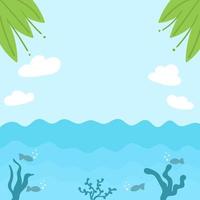 sfondo del mare tropicale estivo. sfondo con foglie tropicali, nuvole, cielo blu e mondo sottomarino con pesci, alghe e coralli. decorazione per bambini vettore
