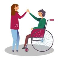 la ragazza è amica di un ragazzo disabile su sedia a rotelle. mostrando gentilezza ai bambini con disabilità vettore