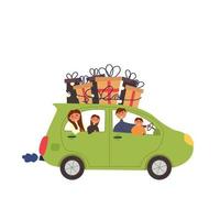 auto con la famiglia con regali sul tetto vettore