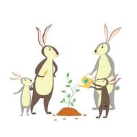 famiglia di conigli che pianta un albero vettore