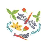 stampa per t-shirt libellula gigli fiori e foglie vettore