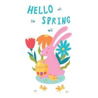 ciao auguri di primavera con un coniglietto pasquale e un uovo vettore