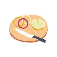 tagliere di legno coltello affettatrice cipolla vettore