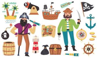 bundle set pirata in stile cartone animato disegnato a mano vettore