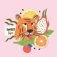 dolce faccia di tigre con frutti tropicali vettore