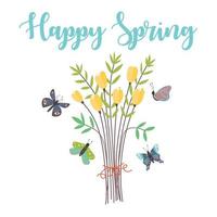 bouquet con farfalle e scritte buona primavera vettore