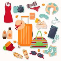 grandi cose essenziali per il viaggio. borsa, passaporto, telefono, auricolari, passaporto, occhiali da sole, spf, calzini, bikini, fotocamera e altri accessori. grafica vettoriale clip art. luminoso e colorato.