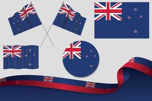set di bandiere della Nuova Zelanda in diversi design, icona, bandiere sventolanti con nastro con sfondo. vettore