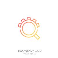 Logo dell&#39;agenzia seo. Lente d&#39;ingrandimento con ingranaggio. Cerca e imposta. Illustrazione piatta gradiente di vettore