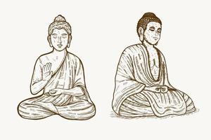 buddha meditando illustrazione disegnata a mano due diverse posizioni impostate vettore