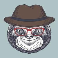 sorriso di bradipo disegnato a mano con occhiali e cappello rossi