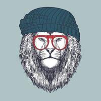 leone disegnato a mano con occhiali rossi e berretto vettore