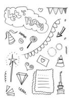 disegnato a mano, doodle party set isolato su sfondo rosa. icone di schizzo per invito, volantino, poster. vettore