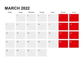 Progettazione del calendario del pianificatore di marzo 2022. la settimana inizia da lunedì. vettore