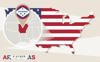 mappa degli Stati Uniti con lo stato dell'Arkansas ingrandito. bandiera e mappa dell'Arkansas. vettore