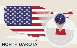 mappa degli Stati Uniti con lo stato del nord dakota ingrandito. bandiera e mappa del nord dakota. vettore