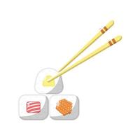 rotolo di sushi di uova, uova e tonno con illustrazione piatta delle bacchette. elemento di design icona pulita su sfondo bianco isolato vettore