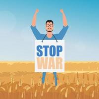 il ragazzo in piena crescita tiene un poster con la scritta stop the war. paesaggio rurale con campo di grano e cielo blu sullo sfondo. vettore. vettore