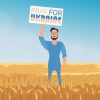un ragazzo a figura intera tiene un poster con la scritta prega per l'ucraina. paesaggio rurale con campo di grano e cielo blu sullo sfondo. vettore. vettore