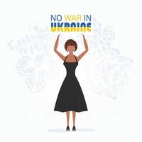 una ragazza in piena crescita tiene un poster con la scritta no alla guerra in ucraina. stile cartone animato.illustrazione vettoriale. vettore