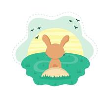coniglio simpatico cartone animato seduto su una pietra al tramonto. personaggio animale divertente per il design dei bambini. illustrazione vettoriale piatta.