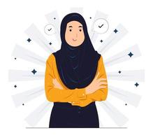 donna d'affari musulmana di successo con le braccia incrociate e vestita con un abito elegante con fiducia, indicandosi con le dita orgogliosa e felice, alta autostima, illustrazione concettuale