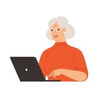 donna senior felice con il computer portatile. libero professionista che lavora online o persona che studia online. illustrazione piatta vettoriale su uno sfondo bianco isolato.