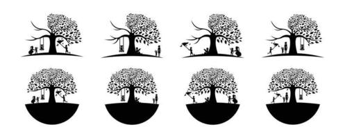 i bambini e le madri giocano sotto l'albero, il logo della quercia nera e le radici disegnano l'illustrazione vettoriale