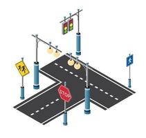 strada carrabile della città con segnaletica stradale e lampioni vettore